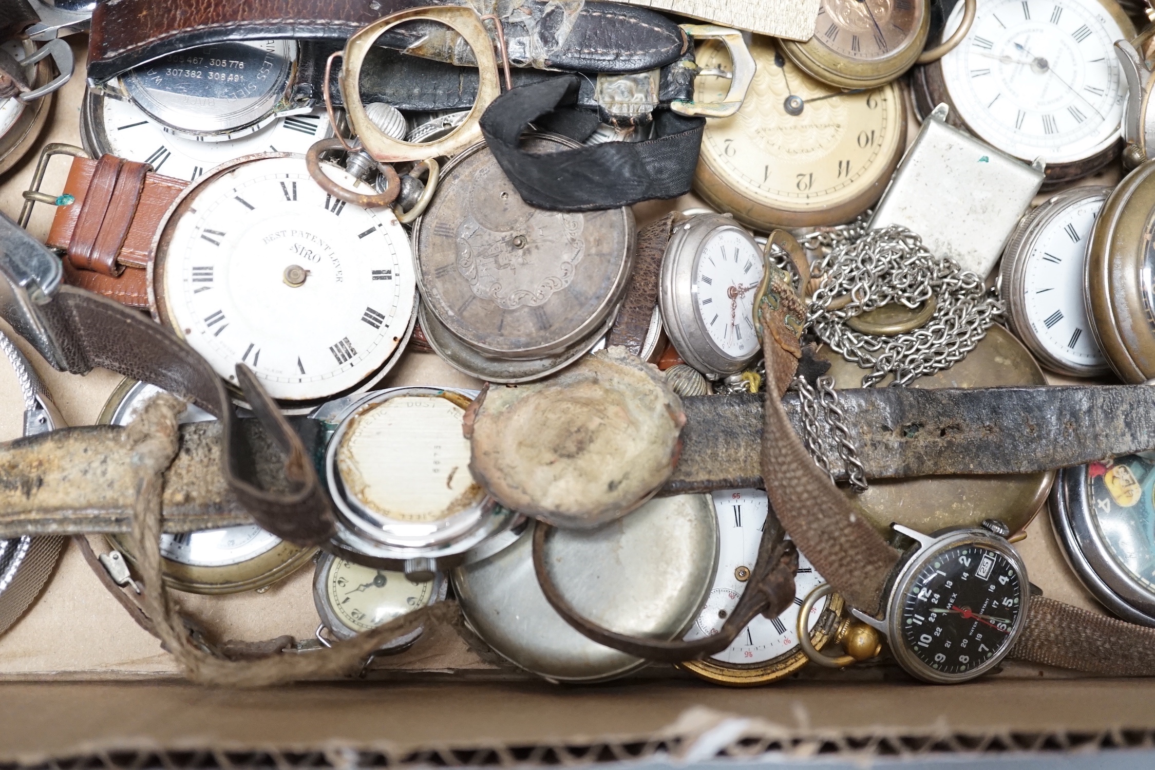 A collection of assorted wrist and pocket watches, mostly a.f. including an 18k Swiss chronograph wrist watch.